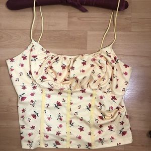 YELLOW CROP TOP WITH RED & GREEN FLOWERS